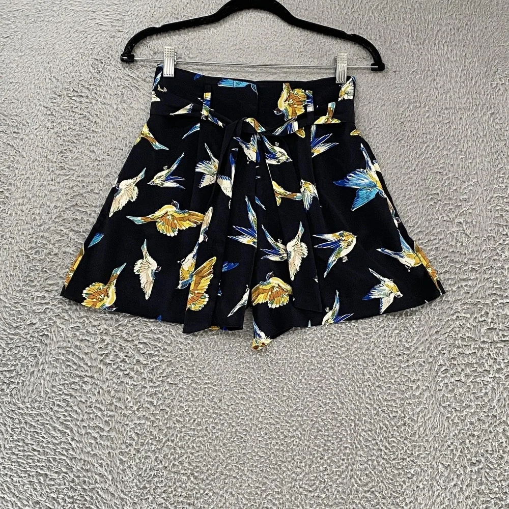 Zara‎ Shorts Womens XS Black High Waist Tie Belt Pleated Bird Side Zip